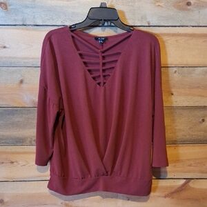 AJW Deep Red Women's V-Neck Blouse